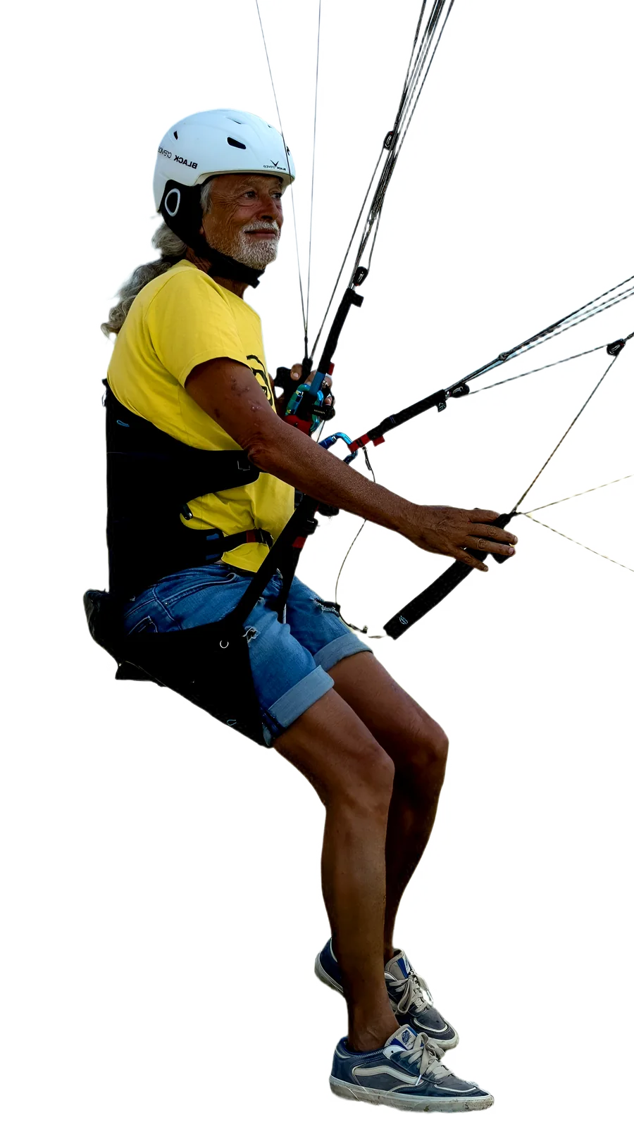 Piloto de Parakite suspenso num harness split-leg com pontos assinalados na bacia, pernas, perneiras, harness, pontos de suspensão e comandos